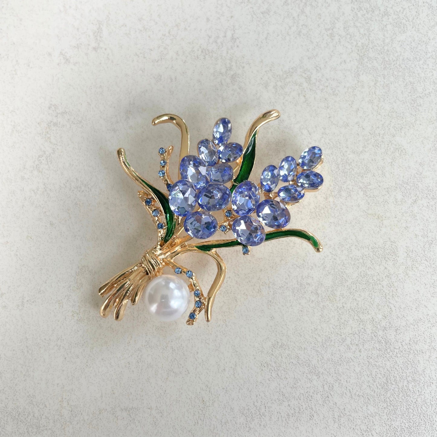 Delicate wheat flower blue crystal pearl gold pin brooch