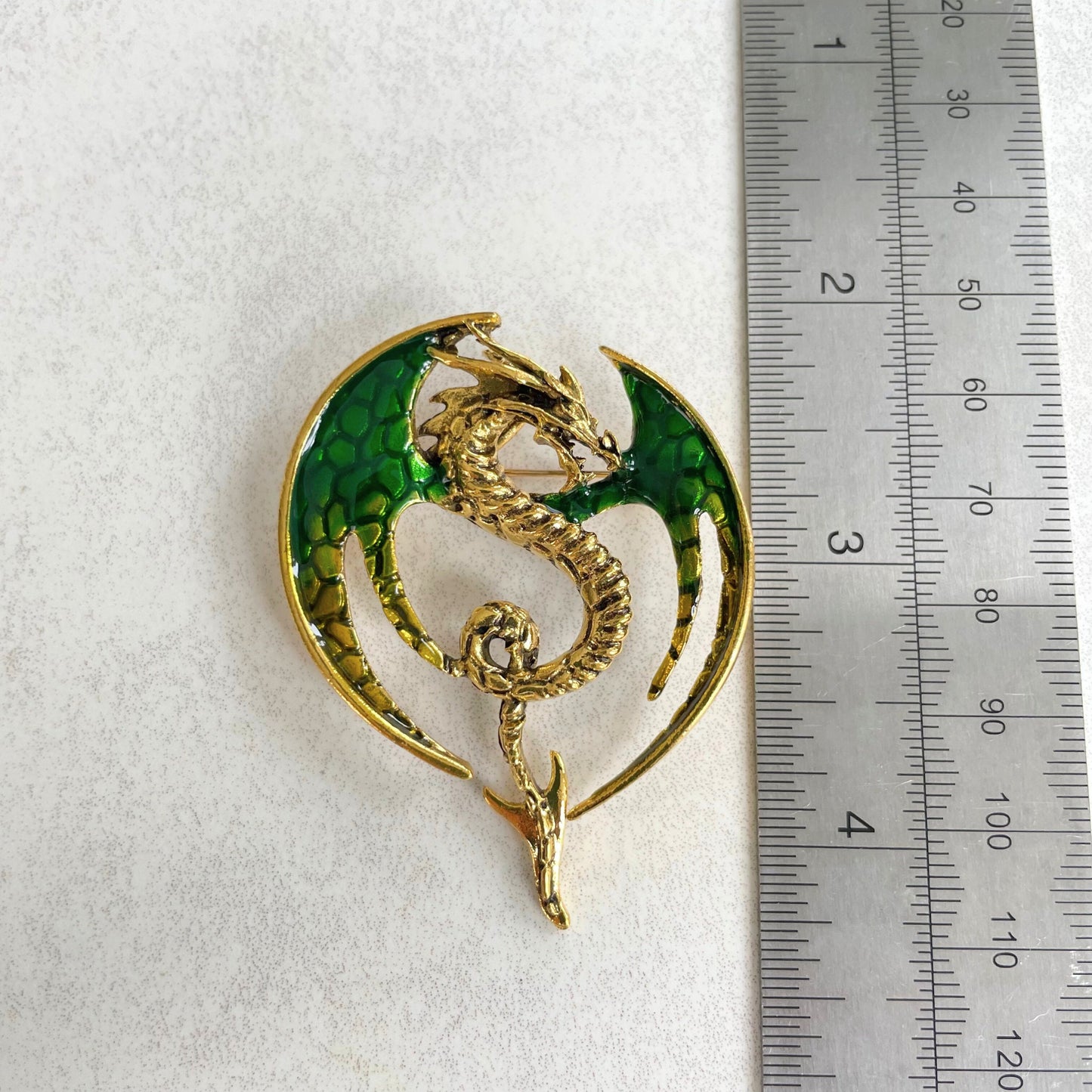 Green enamel dragon gold pin brooch