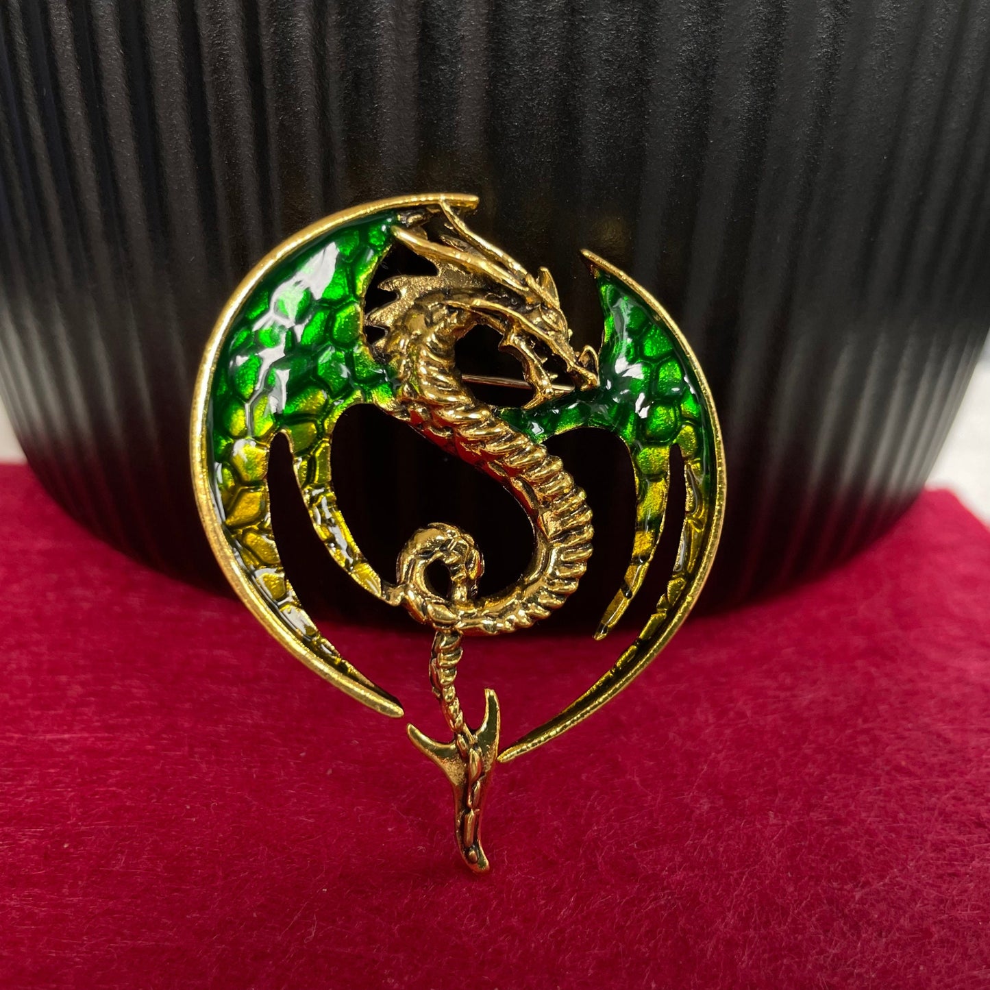 Green enamel dragon gold pin brooch