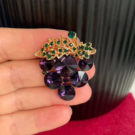 Purple rhinestone grapes green leaf gold pin brooch