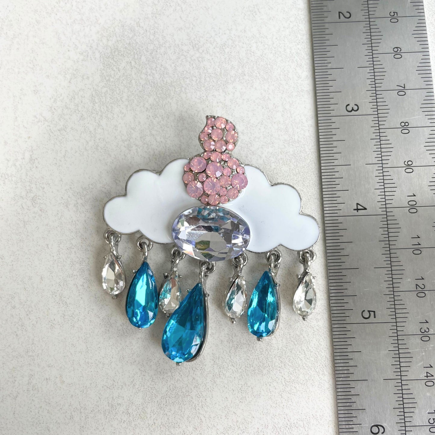 Charming white enamel cloud blue rain drops silver pin brooch