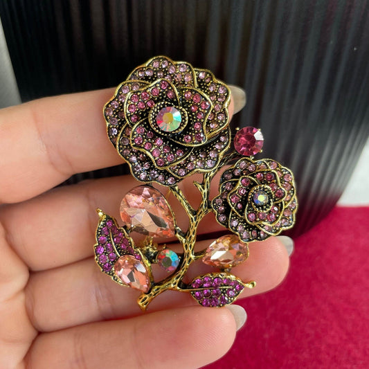 Pink rose flower gold pin brooch pendent