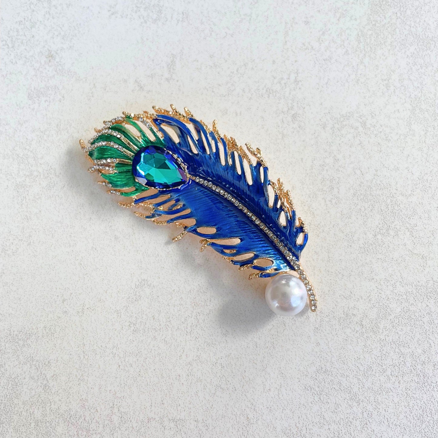 Statement blue and green enamel feather pearl gold pin brooch