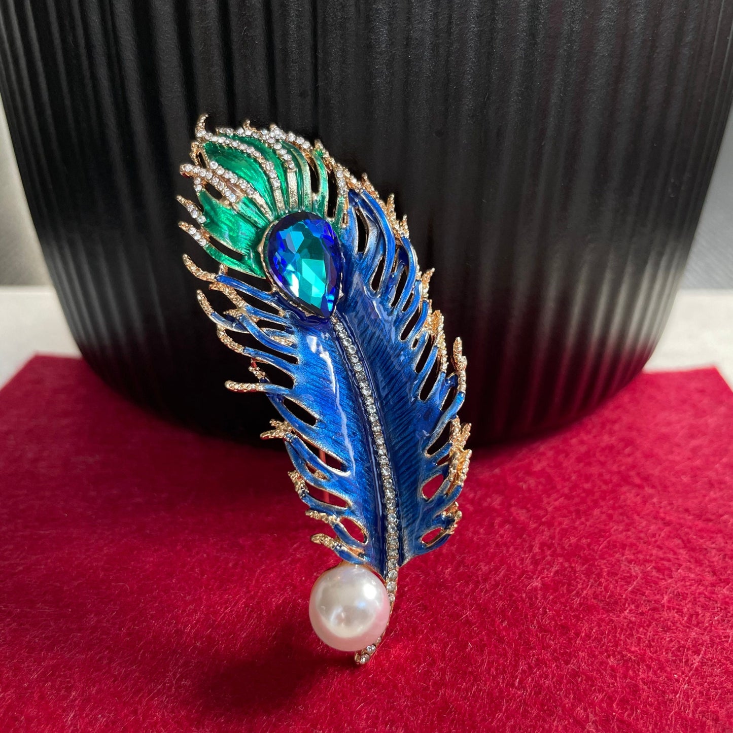 Statement blue and green enamel feather pearl gold pin brooch