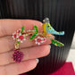 Pink flowers tree blue bird gold pin brooch