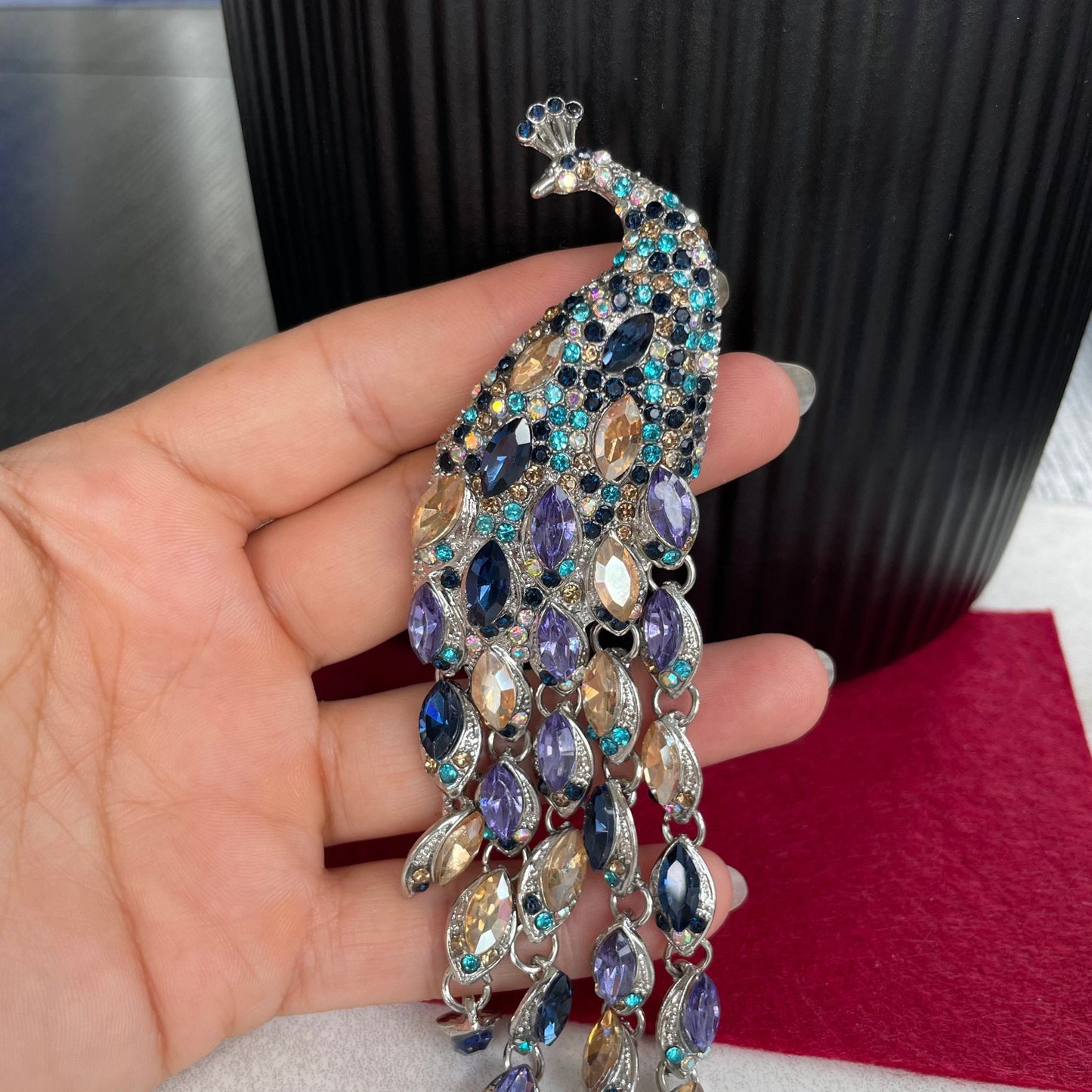 Statement colourful rhinestone peacock silver pin brooch