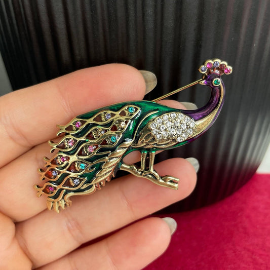 Statement colourful rhinestone peacock gold pin brooch