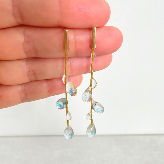 Dainty Tree Branch Raindrop Long Dangling Earrings  • Unique Water Drop Resin Gold Earrings • Blue Teardrop Silver Earrings  • Gift For Her