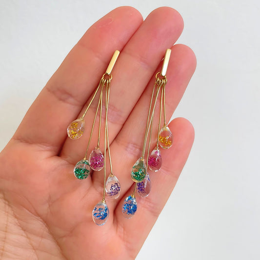 Dainty Rainbow Raindrop Long Dangling Stud Earrings  • Unique Water Drop Resin Gold Earrings • Teardrop Silver Earrings  • Gift For Her