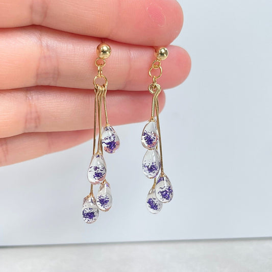 Dainty Raindrop Long Dangling Stud Earrings • Unique Water Drop Resin Gold Earrings • Purple Teardrop Tassel Silver Earrings • Gift For Her