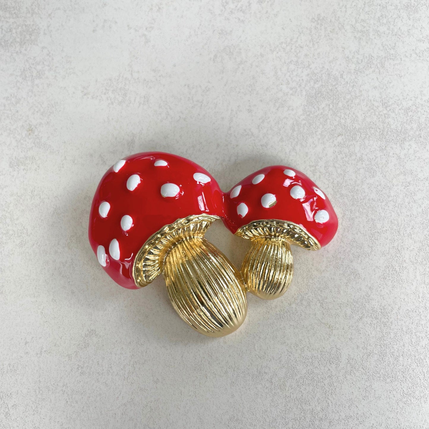 Vintage style large red enamel mushrooms gold pin brooch