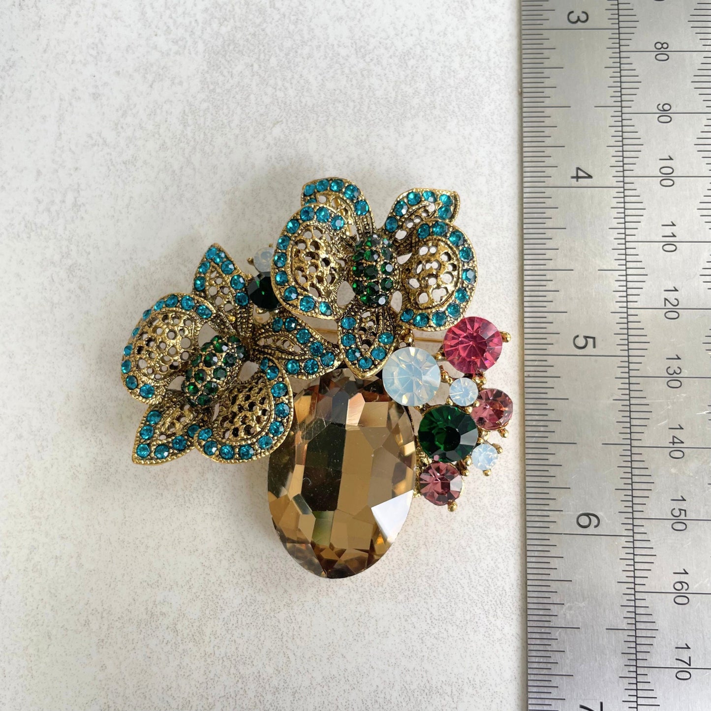 Vintage style large champagne steampunk flower gold pin brooch