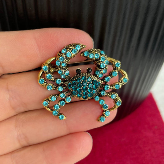 Turquoise crystals crab gold pin brooch