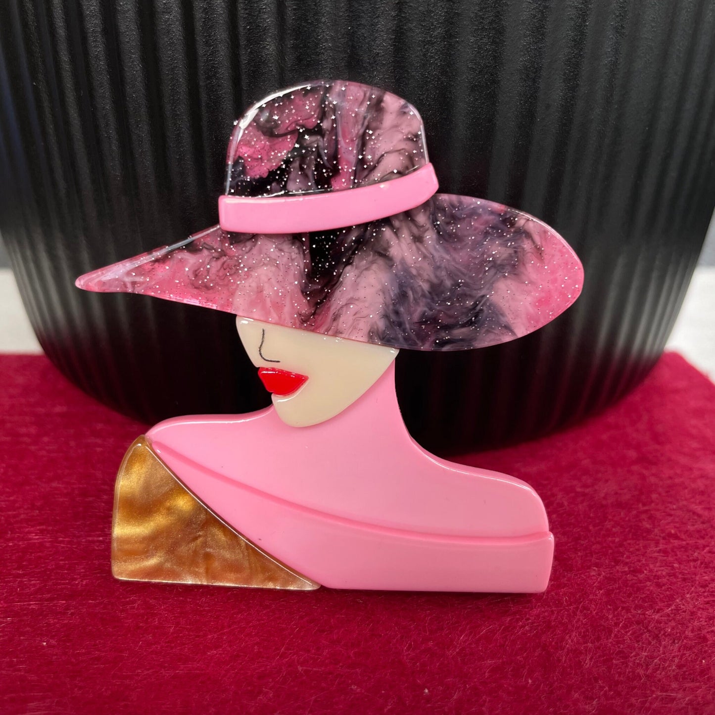 Art Deco classy pink lady with hat acrylic pin brooch