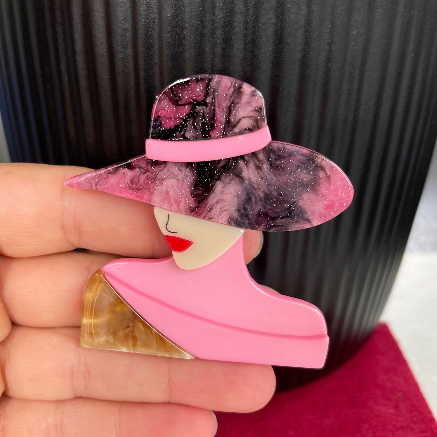 Art Deco classy pink lady with hat acrylic pin brooch