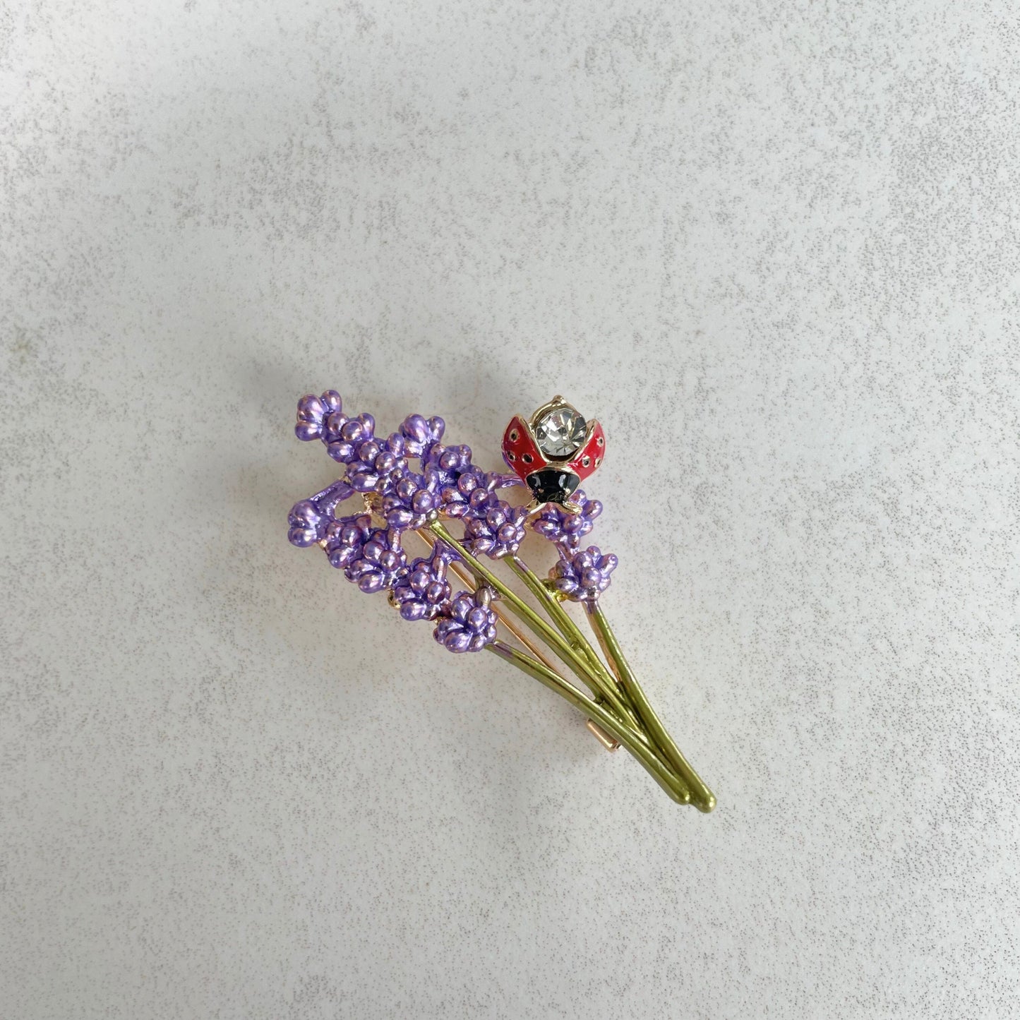 Delicate purple lavender flower ladybug gold pin brooch