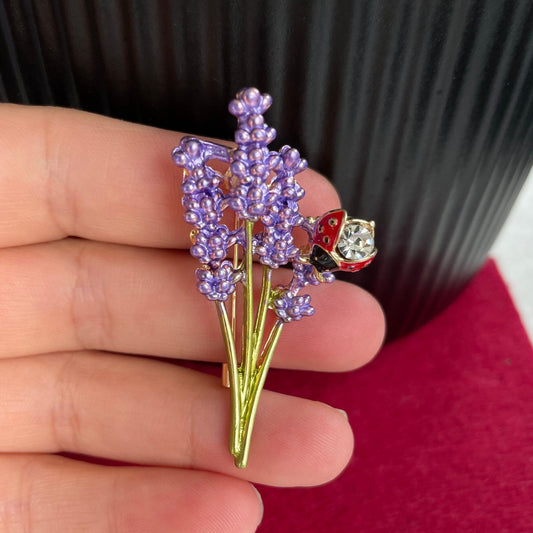 Delicate purple lavender flower ladybug gold pin brooch