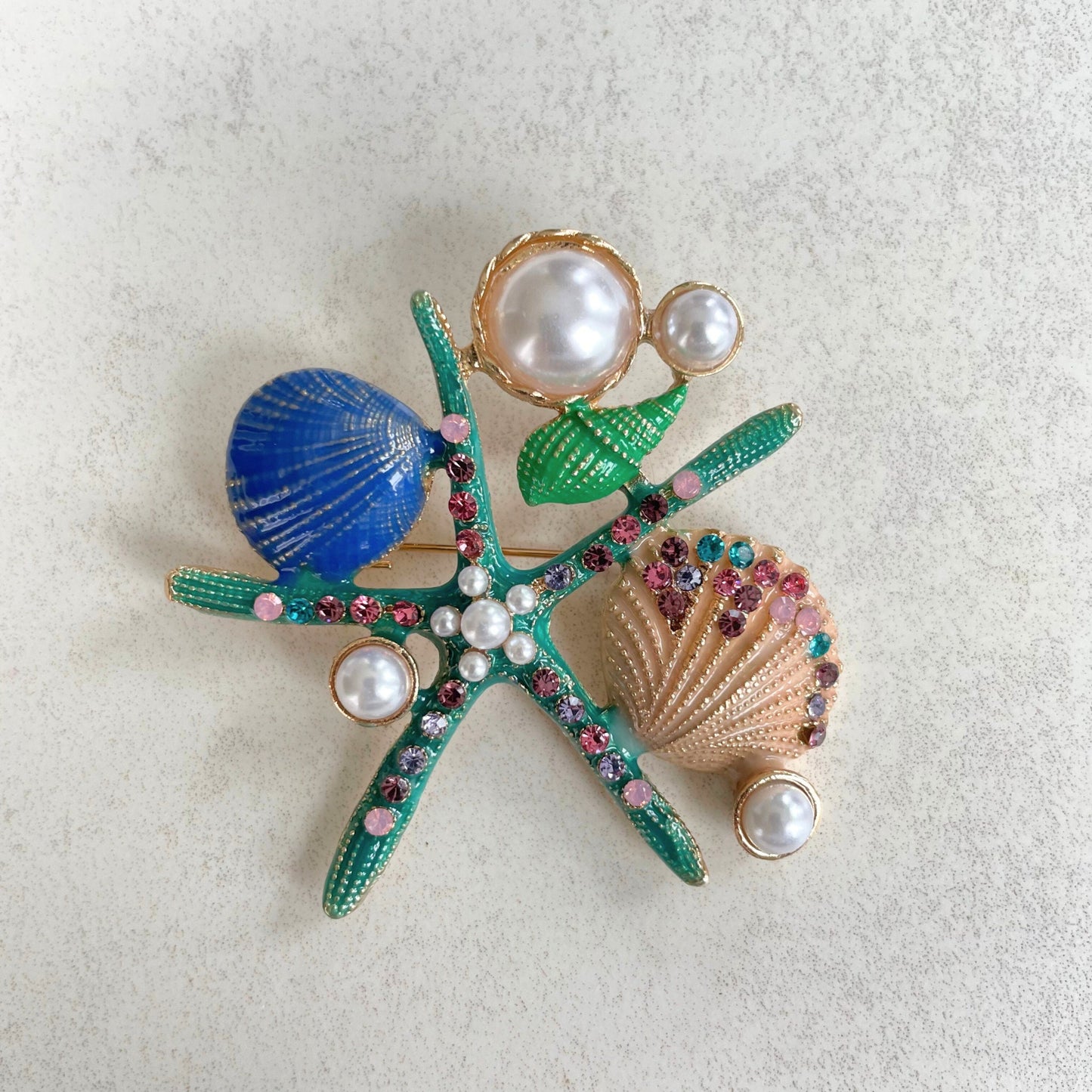 Retro turquoise starfish clamshell pearl gold pin brooch