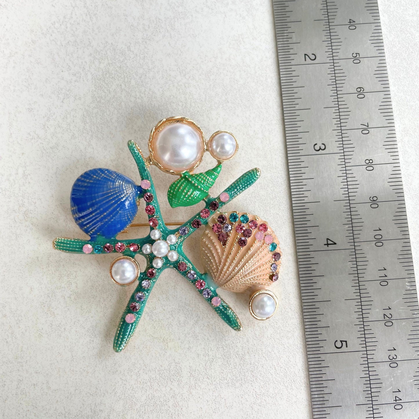 Retro turquoise starfish clamshell pearl gold pin brooch