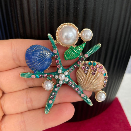 Retro turquoise starfish clamshell pearl gold pin brooch