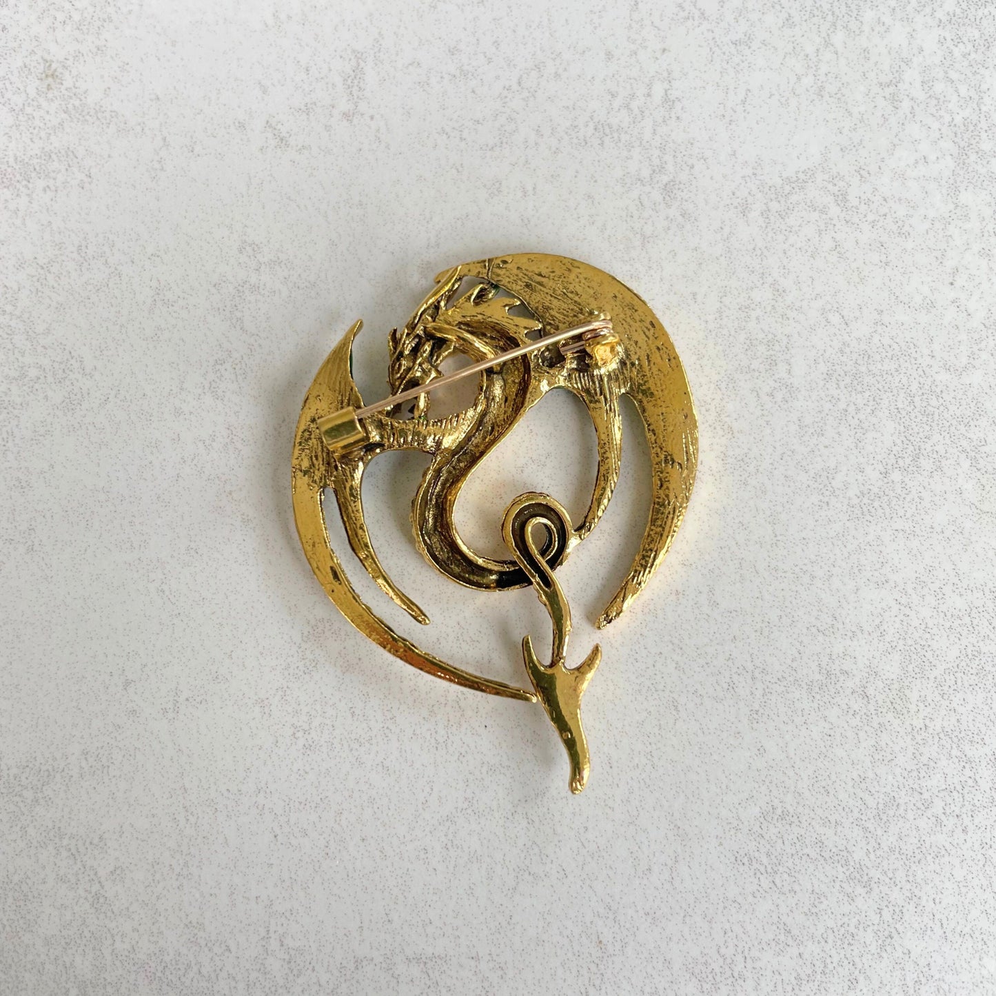 Green enamel dragon gold pin brooch