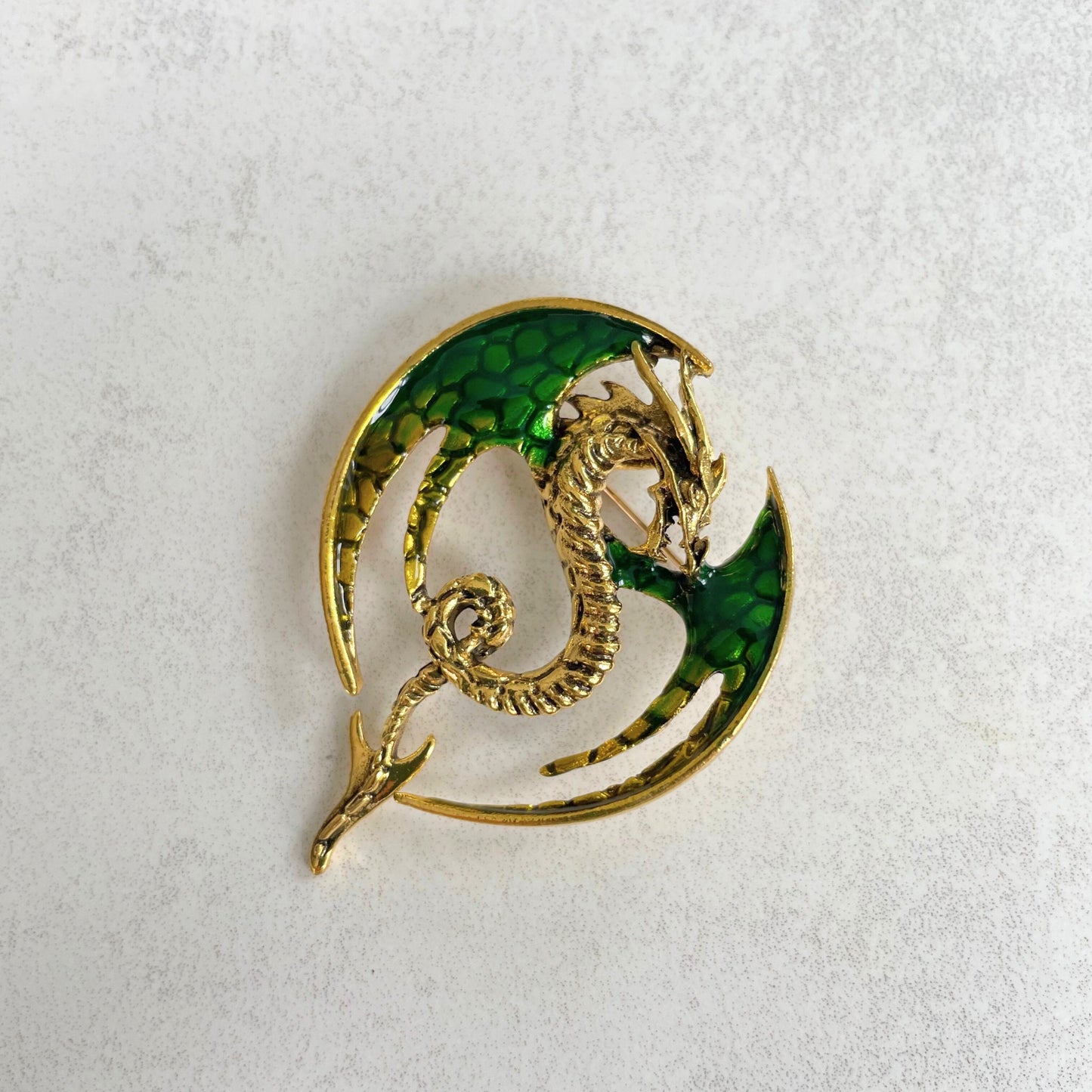 Green enamel dragon gold pin brooch