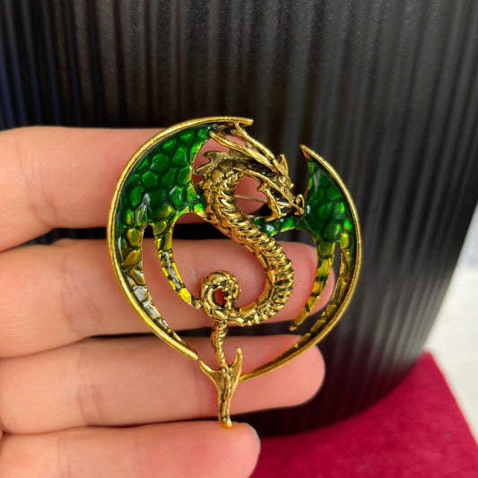 Green enamel dragon gold pin brooch