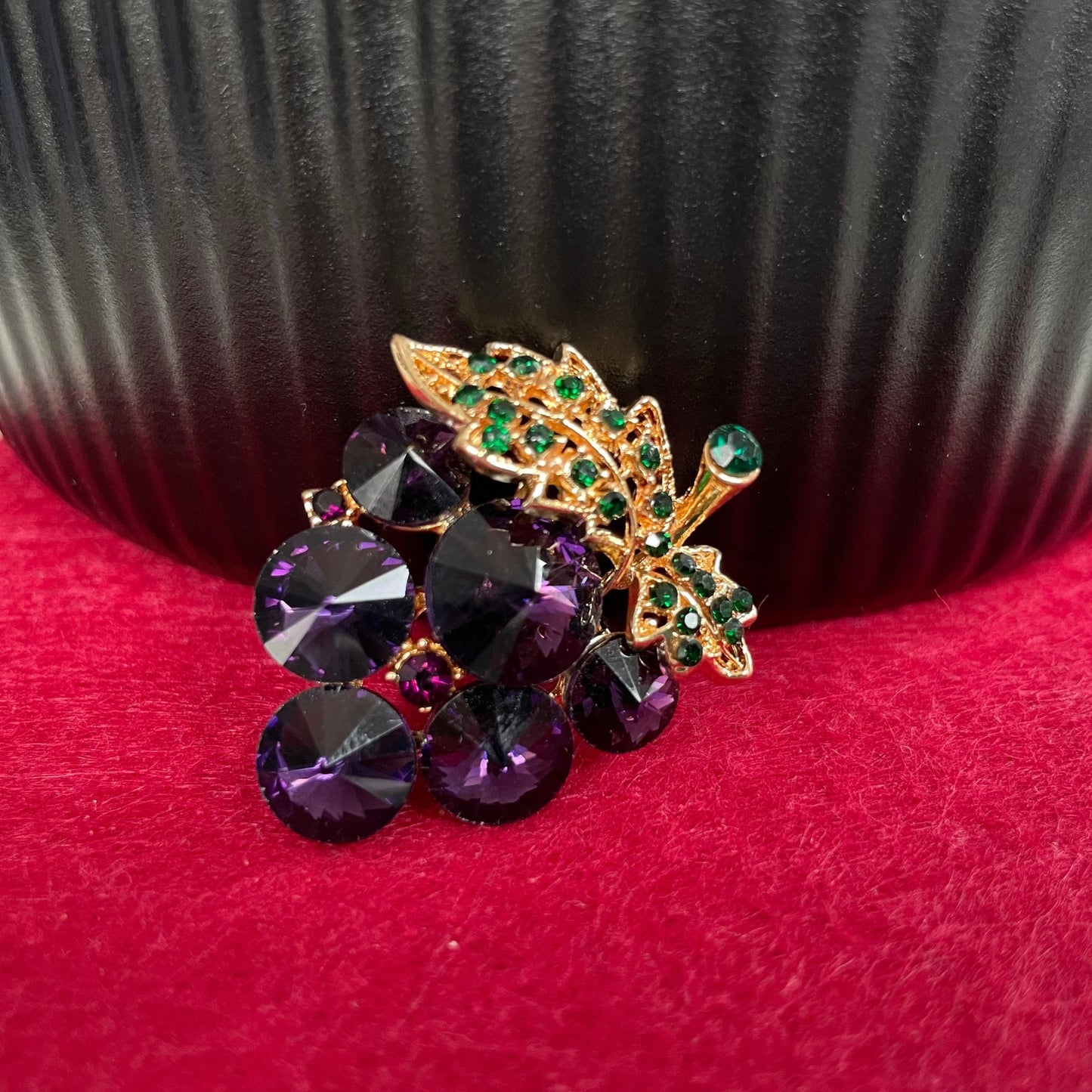 Purple rhinestone grapes green leaf gold pin brooch