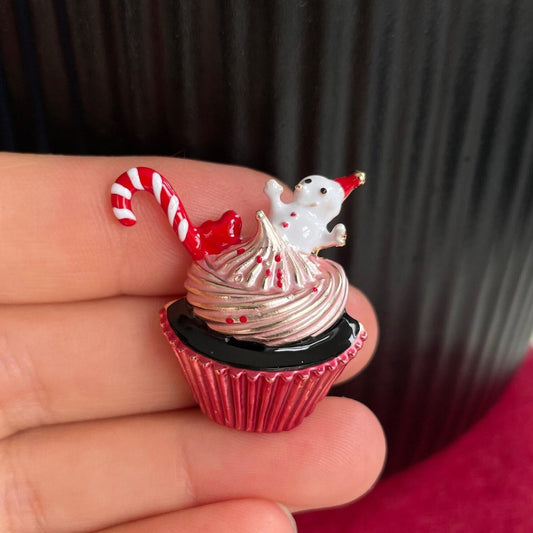 Charming cupcake snowman pink pin brooch