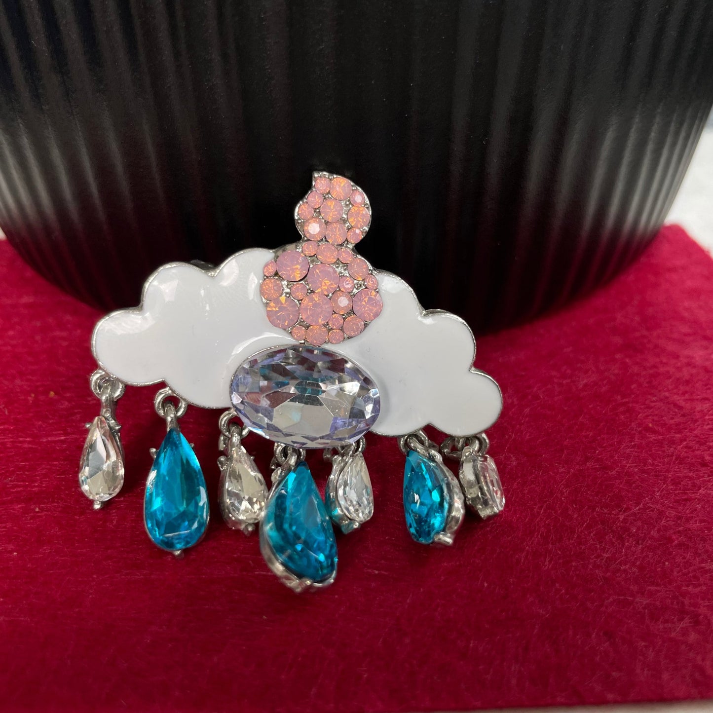 Charming white enamel cloud blue rain drops silver pin brooch