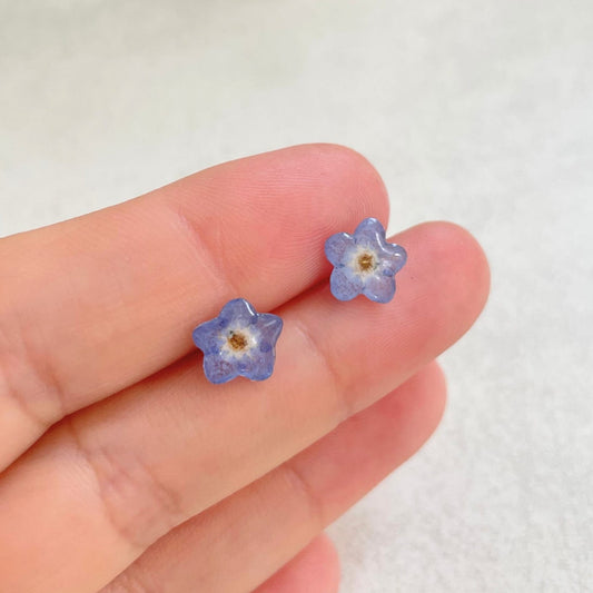 Dainty Real Forget Me Not Flower Stud Earrings • Minimalist Natural Flower Resin Earrings •Delicate Threader Blue Flower Charm Drop Earrings