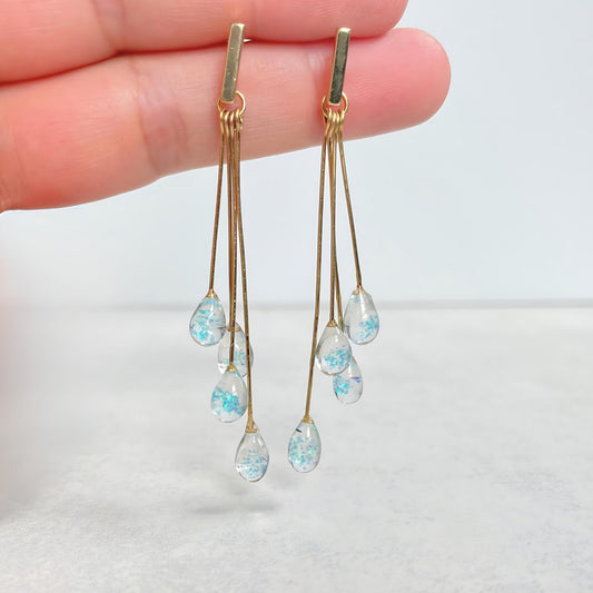 Dainty Raindrop Long Dangling Stud Earrings  • Unique Water Drop Resin Gold Earrings • Blue Teardrop Silver Earrings  • Gift For Her