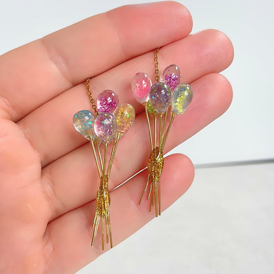 Rainbow Party Balloons Resin Dangling Gold Threader Earrings • Unique Quirky Long Colourful Drop Earrings • Playful Fun Unusual Earrings