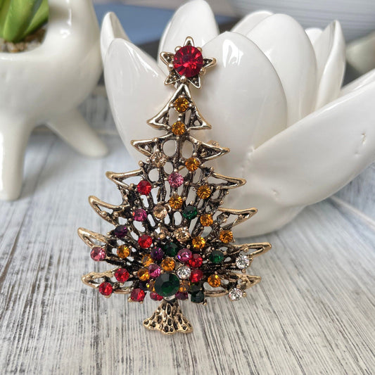 Charming multicolour crystal Xmas tree gold pin brooch