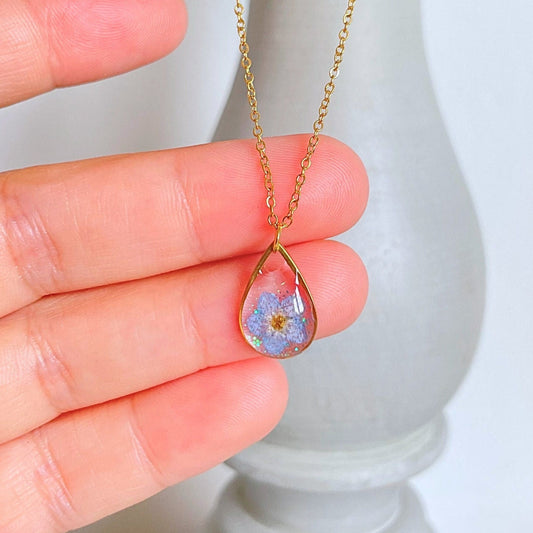 Real Forget Me Not Flower Teardrop Necklace