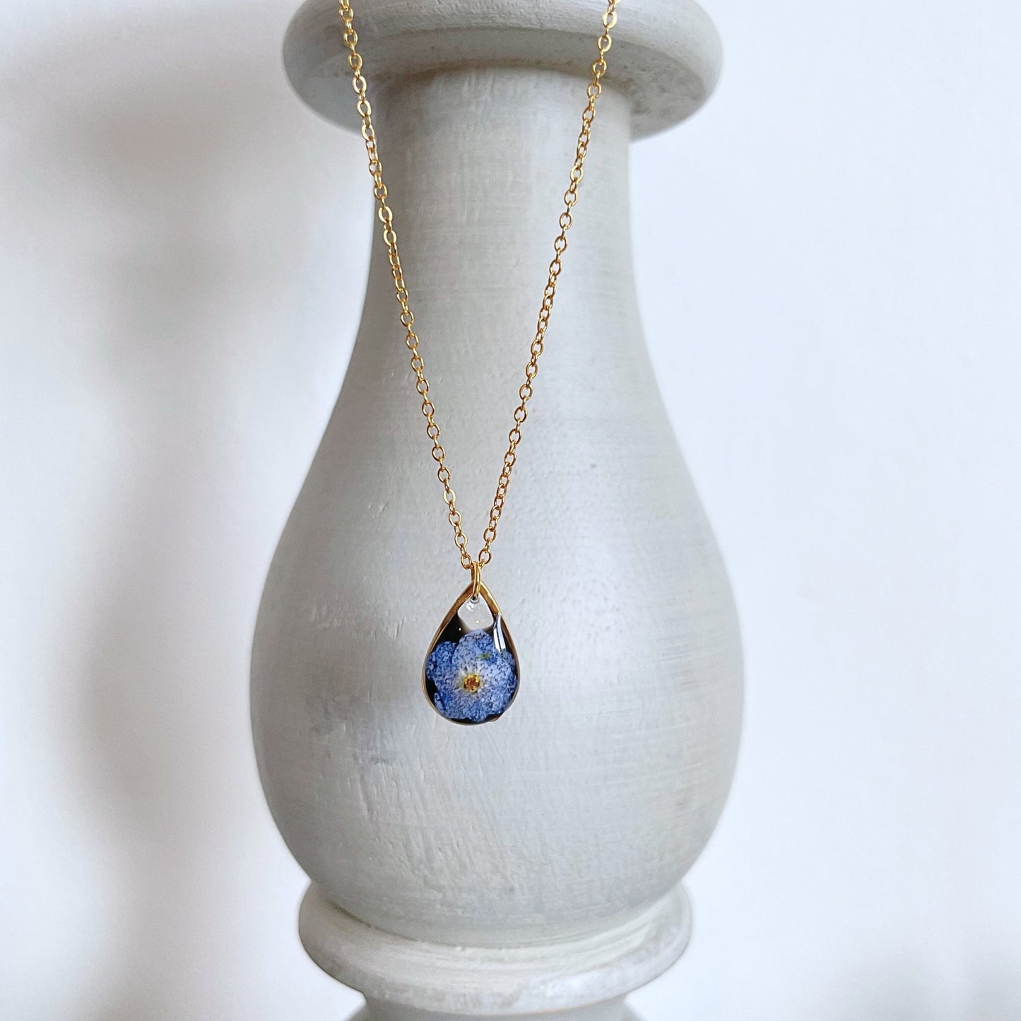 Forget Me Not Black Teardrop Pendant Necklace