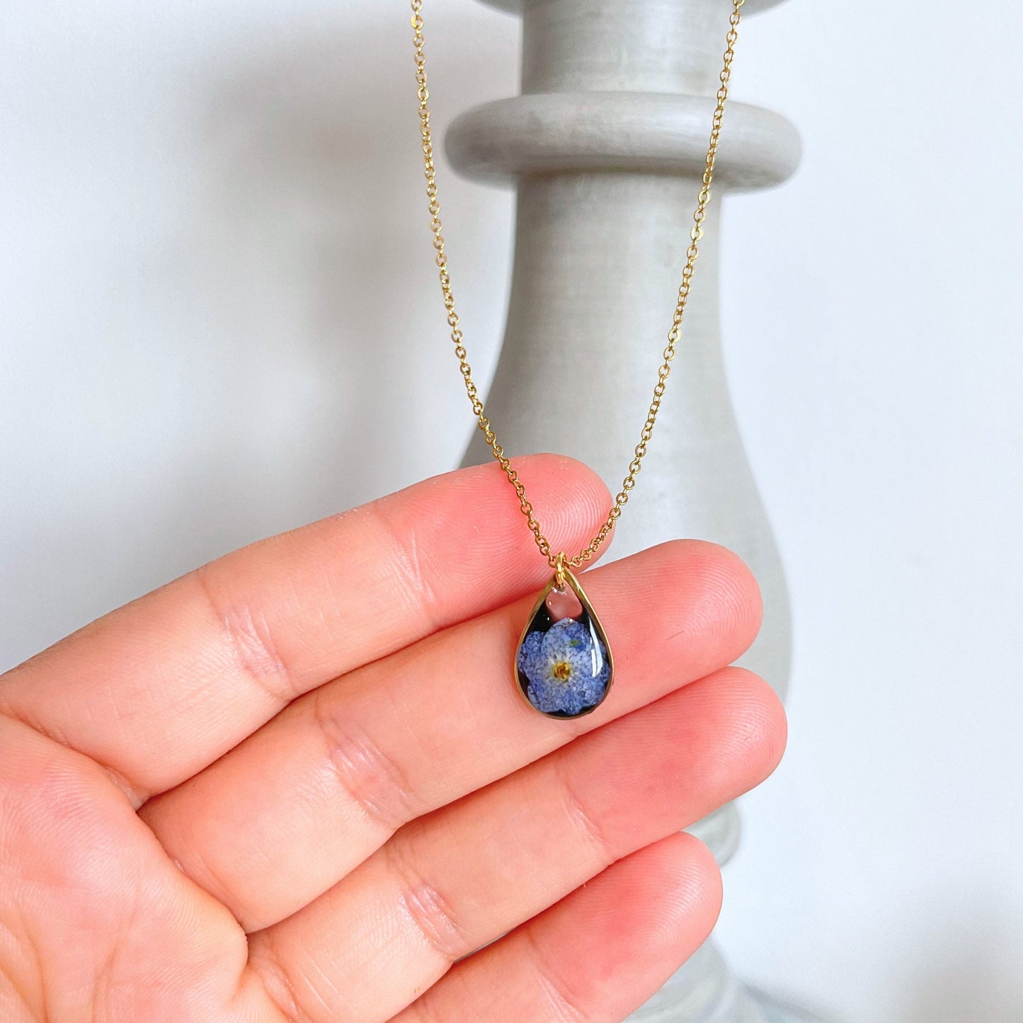 Forget Me Not Black Teardrop Pendant Necklace