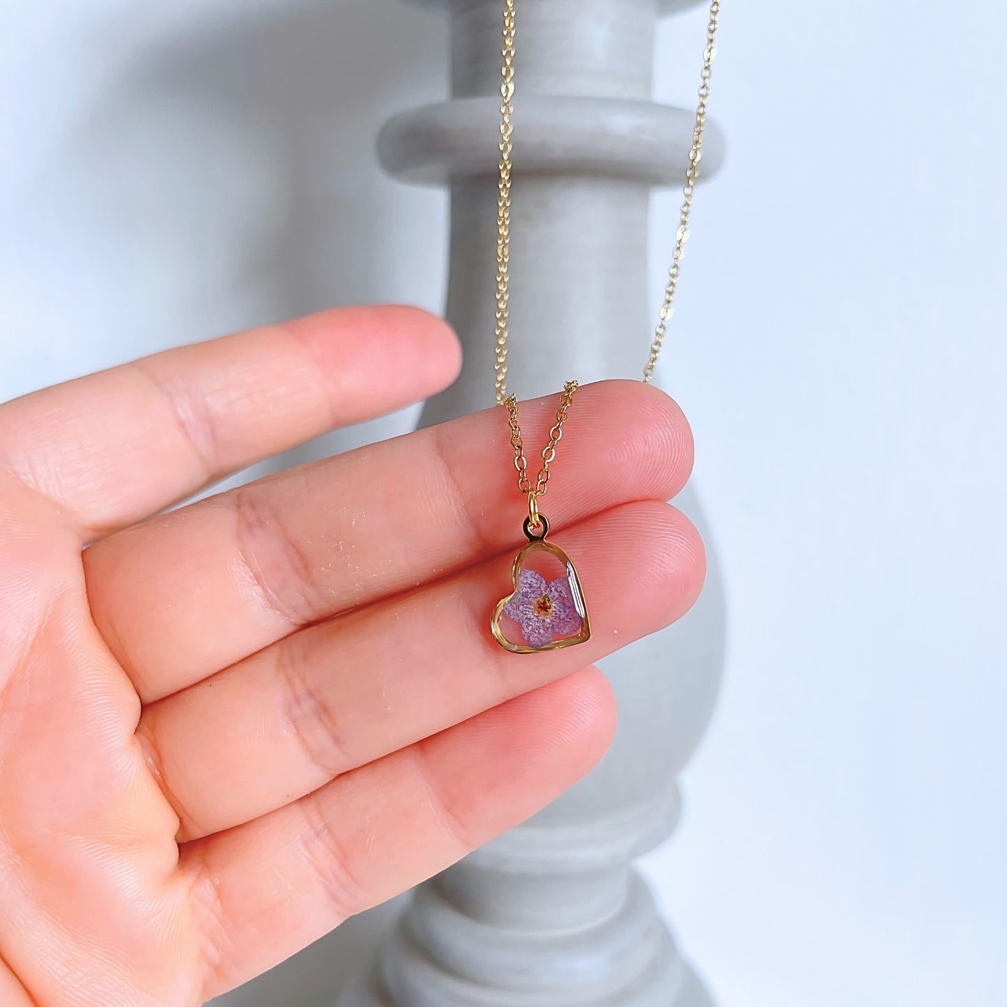 Forget Me Not Flower Heart Charm Necklace