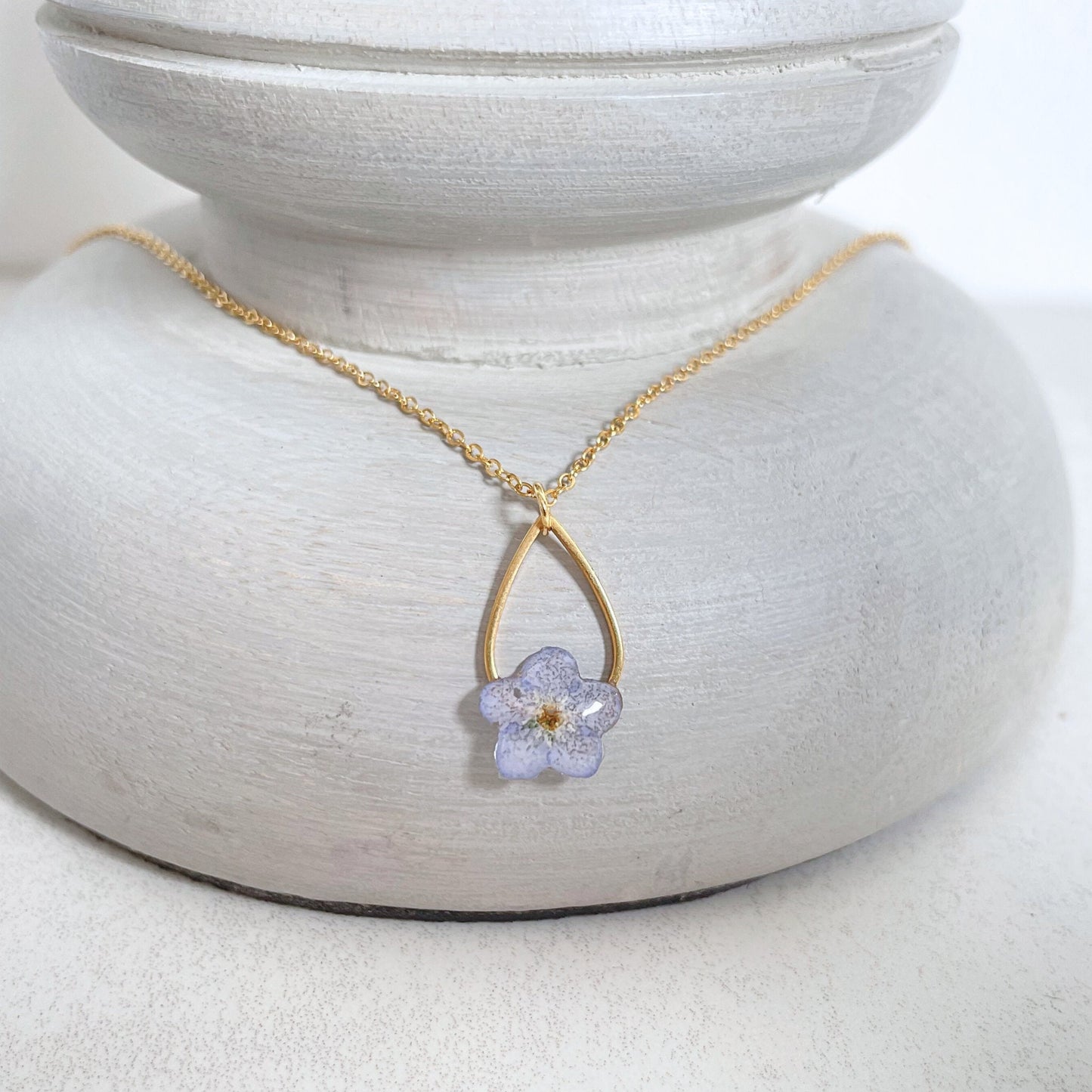 Forget Me Not Flower Teardrop Pendant Necklace