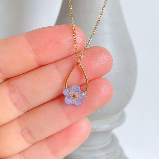 Forget Me Not Flower Teardrop Pendant Necklace