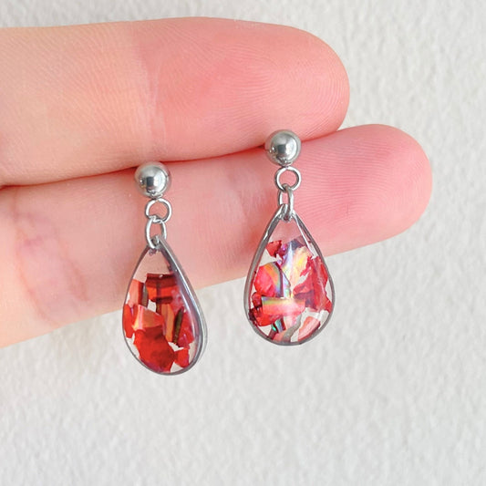 Dainty Abalone Shell Teardrop Gold Earrings • Elegant Natural Shell Muted Fall Tones Red, Soft Orange Dangle Silver Earrings •Autumn Fashion