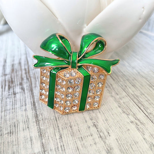 Charming green ribbon Xmas present gold pin brooch