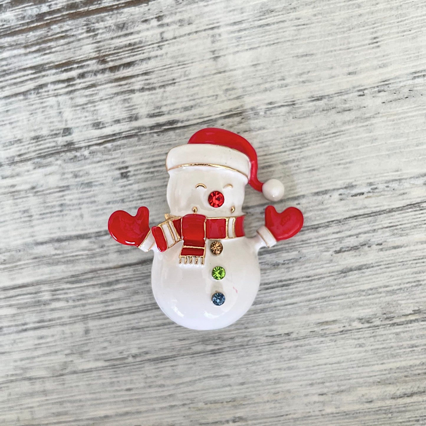 Charming red & white enamel snowman gold pin brooch