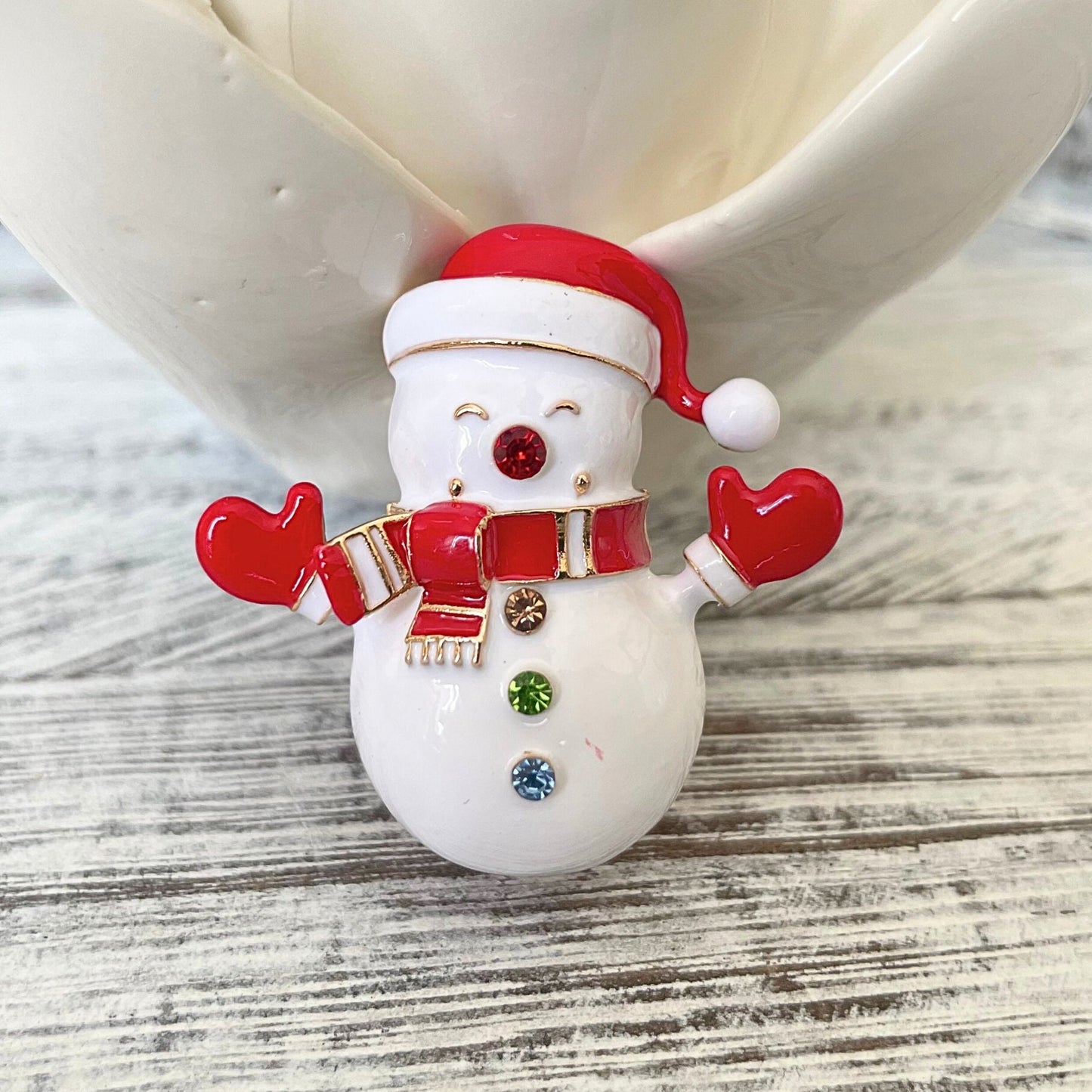 Charming red & white enamel snowman gold pin brooch