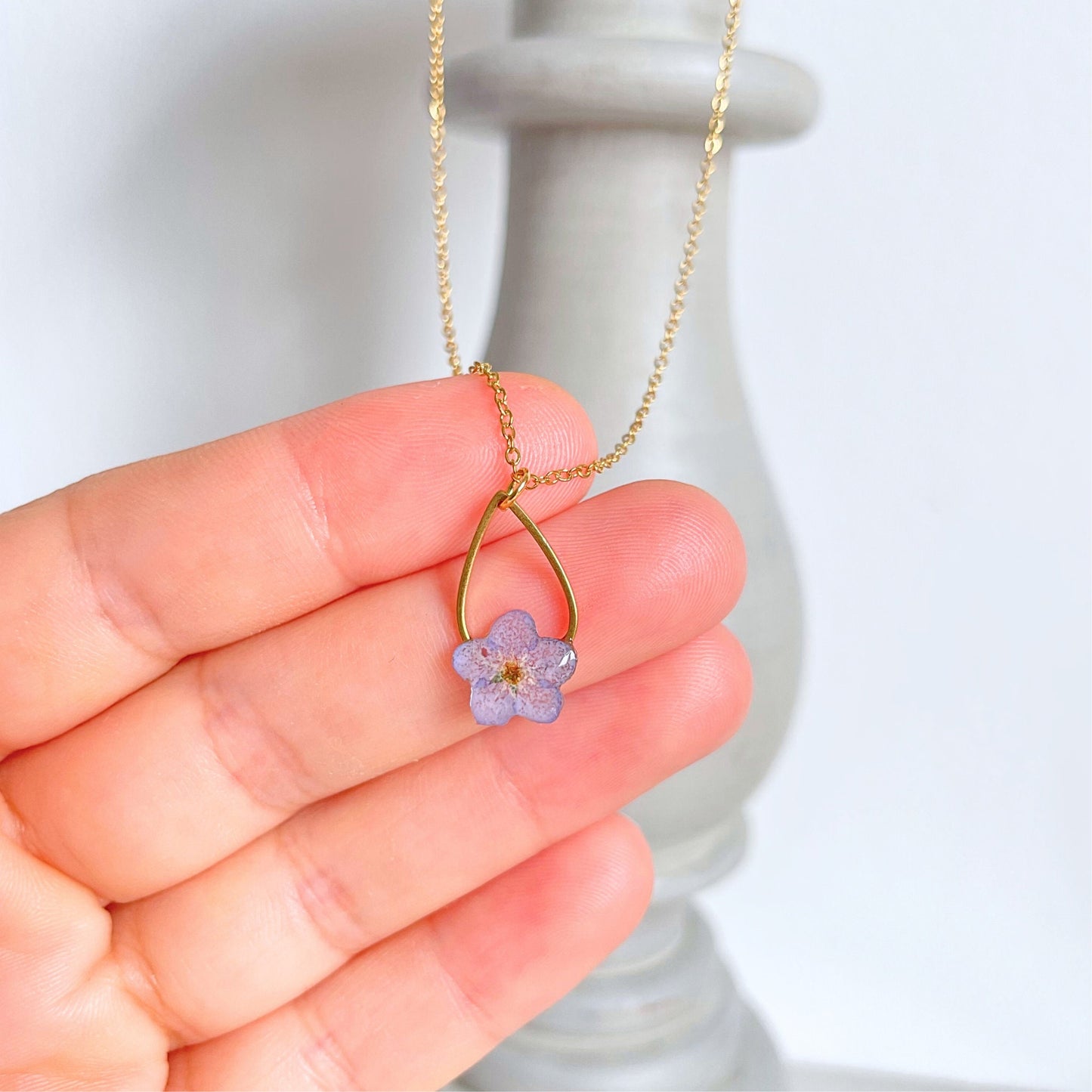 Forget Me Not Flower Teardrop Pendant Necklace