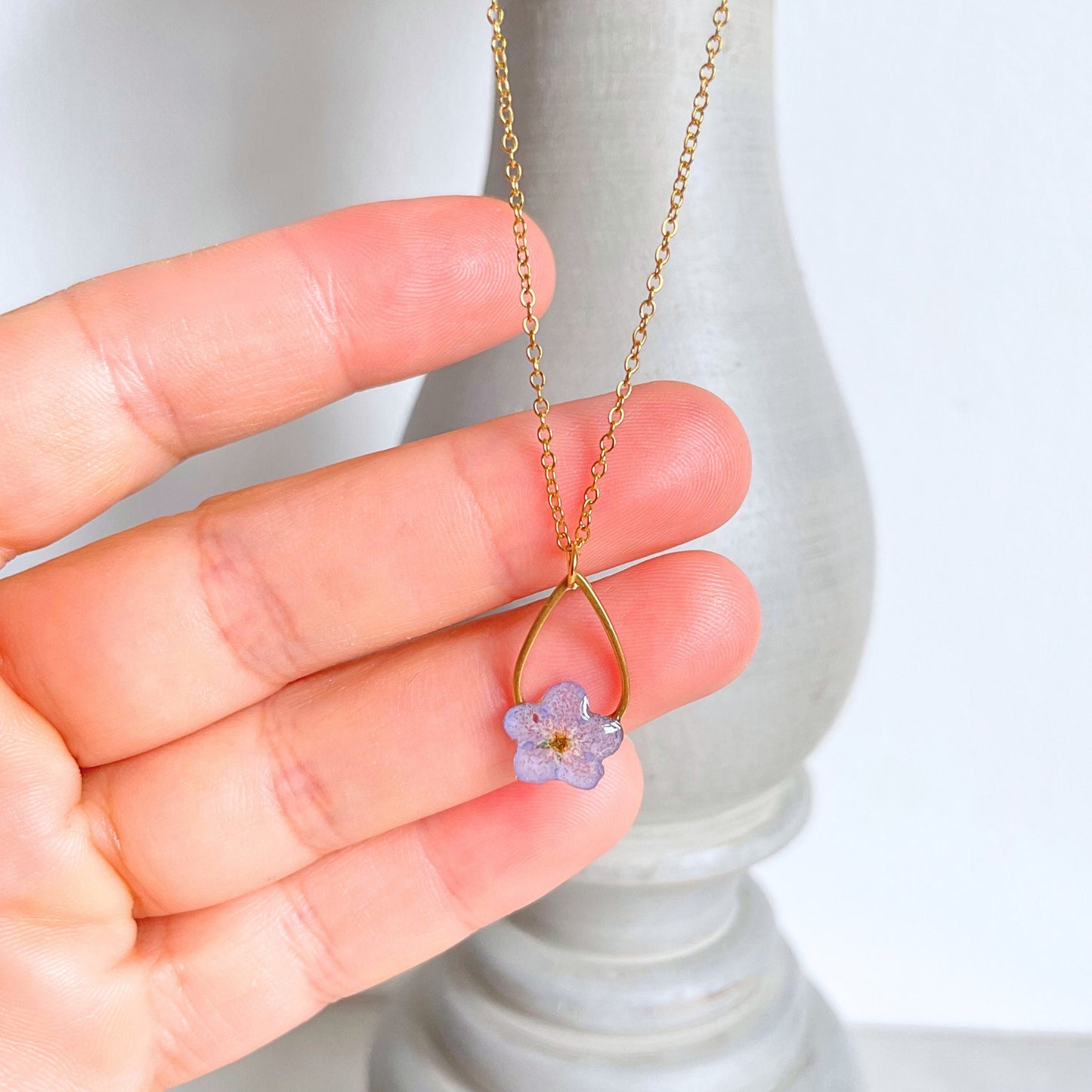 Forget Me Not Flower Teardrop Pendant Necklace