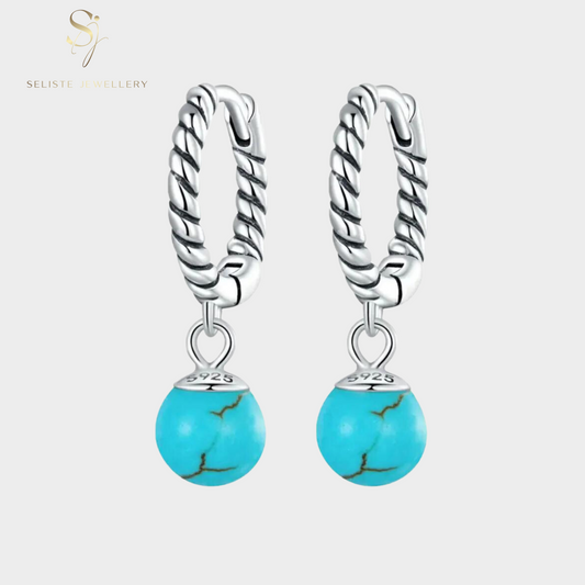 Dainty Blue Turquoise Ball Charm Twisted Hoop Earrings