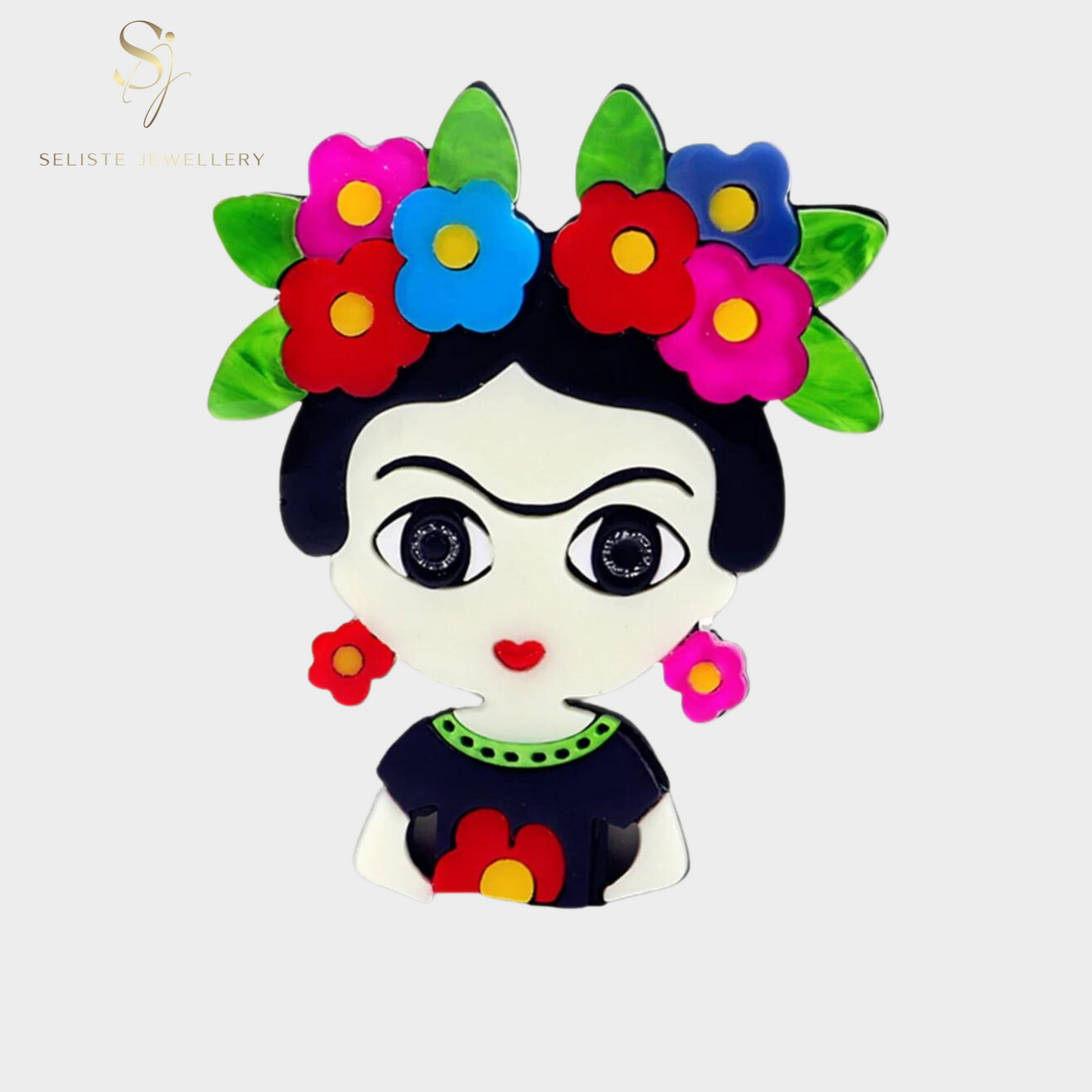 Quirky Lady With Colourful Flowers In Her Hair Acrylic  Pin Brooch