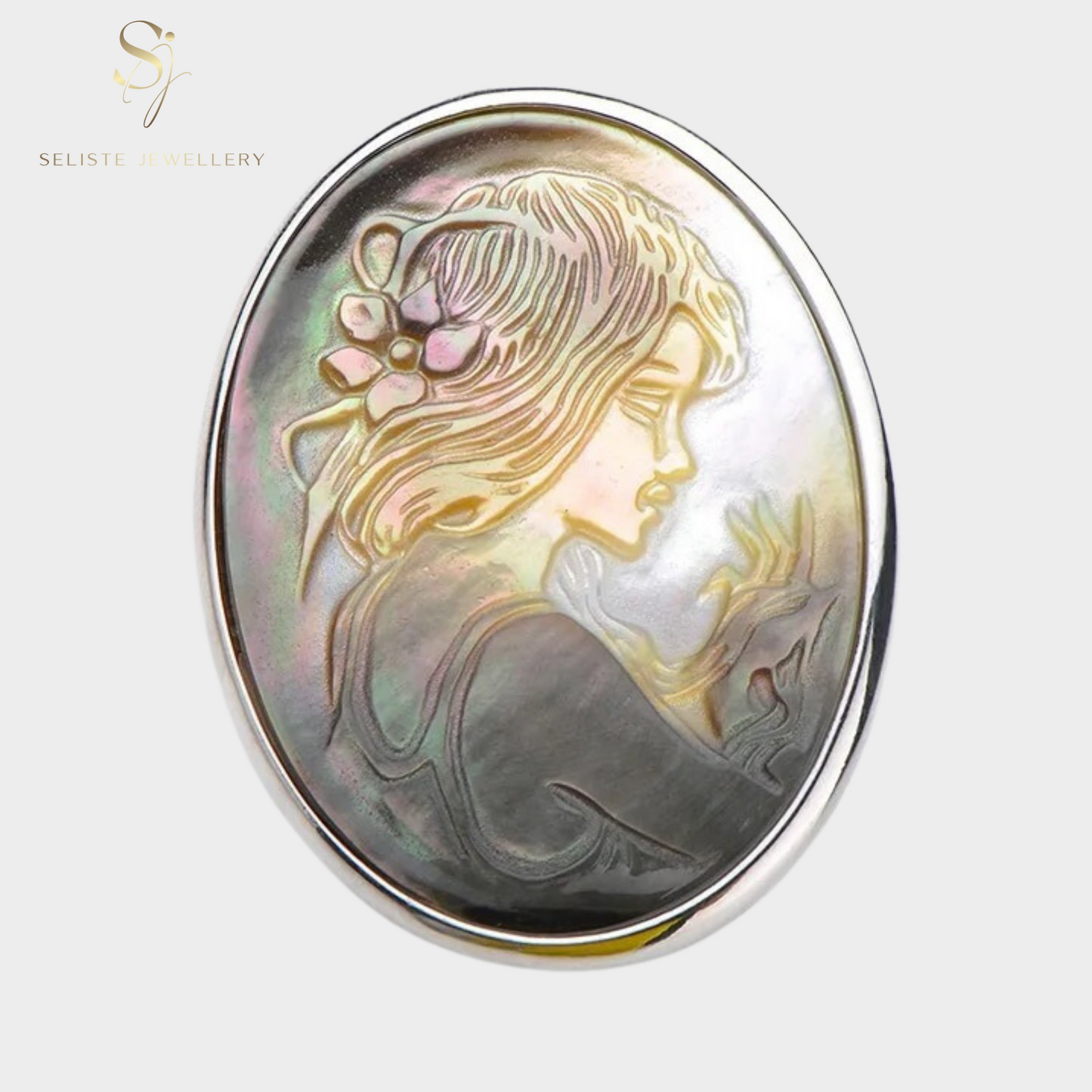 Delicate Victorian Style Mother Of Pearl Girl Portrait Silver Pin Brooch