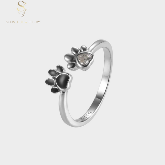 White And Black Cz Silver Paw Open Ring